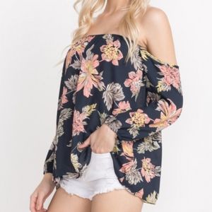 Floral Print Off The Shoulder Top - Navy
